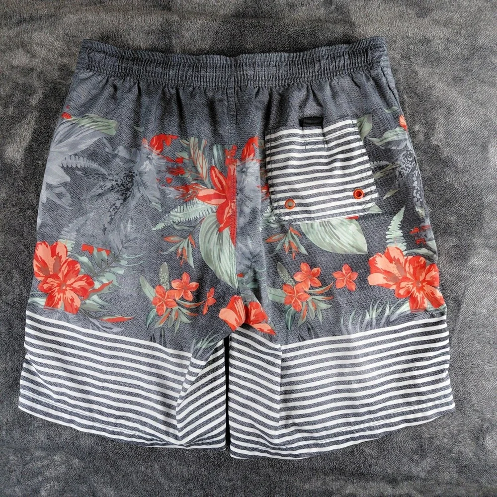 Speedo Mens Swim Trunks‎ Floral Striped Board Shorts Gray Orange Large